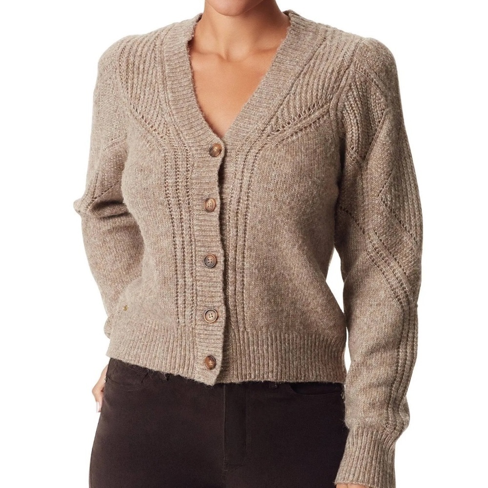 Sam Edelman Julietta Ribbed Knit V-Neck Puff Sleeve Button Front Cardigan- Large